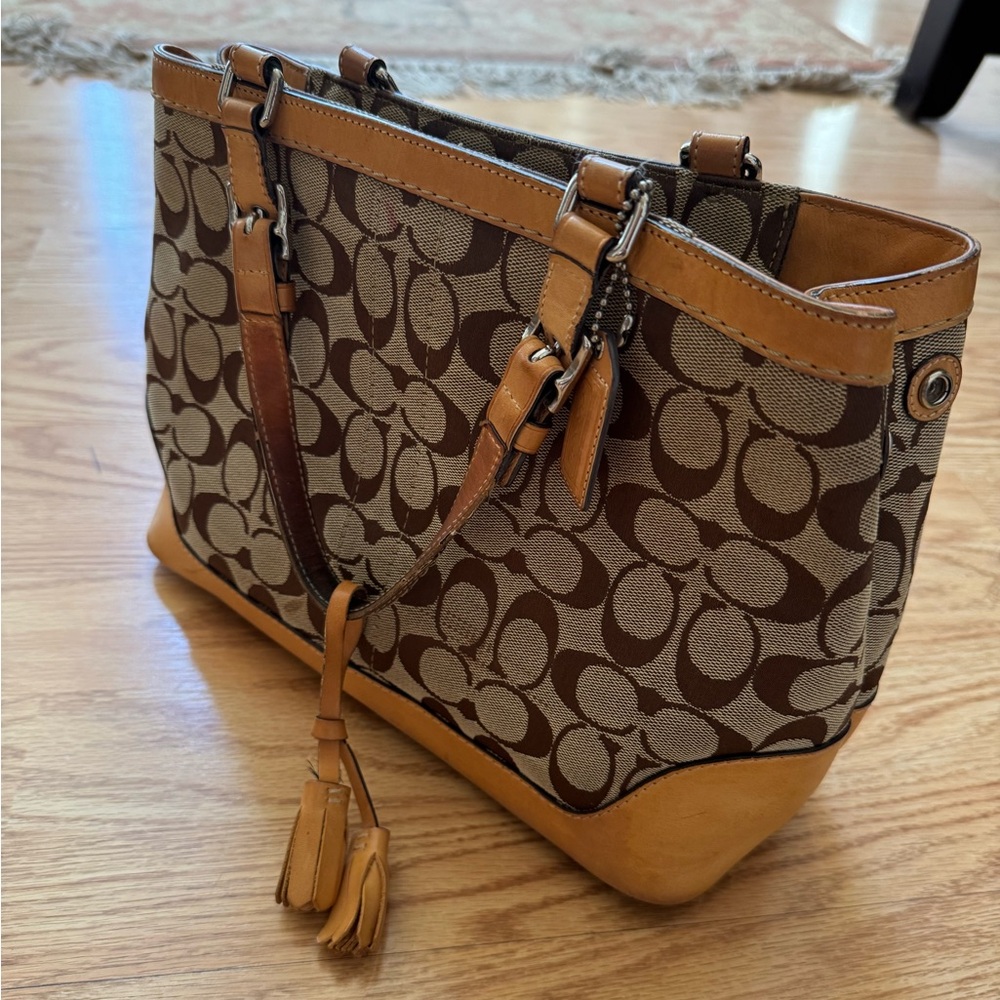 Coach Brown Signature Canvas Tote with Tan Leather Trim - Picture 12 of 16